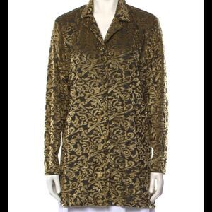 Vintage Diane von Furstenberg 1X Velvet Jacquard Gold Black Button Up Tunic